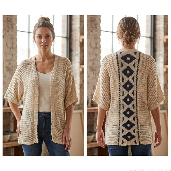 Sweet Journey Sweaters - Sweet Journey Boho Cardigan Sweater Womens S Cream Blue Geometric Short Slv